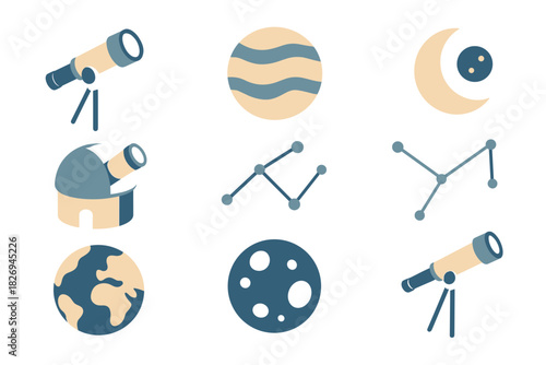 Flat style astronomy icons: telescope, planets, constellations, moon, earth