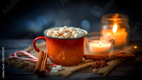 Cozy hot chocolate with marshmallows and spices on a rustic table in a warm atmosphere