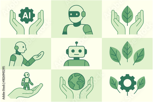 Eco-friendly technology concept with robots, ai, and sustainability elements in a minimalist design