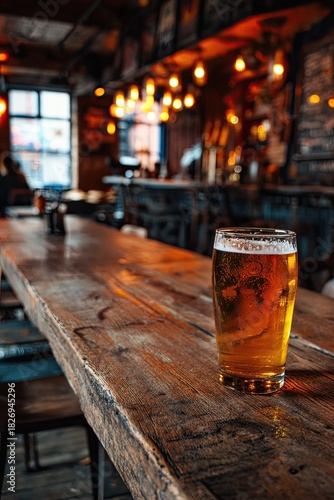 Glass of cooling beer on wooden bar tabletop, bar interior in the background.