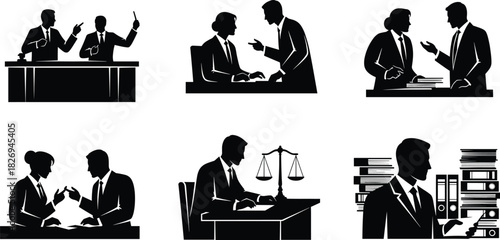 Business professionals and lawyers discussing legal documents, court arguments, legal consulting, office meeting, and justice system representation illustration