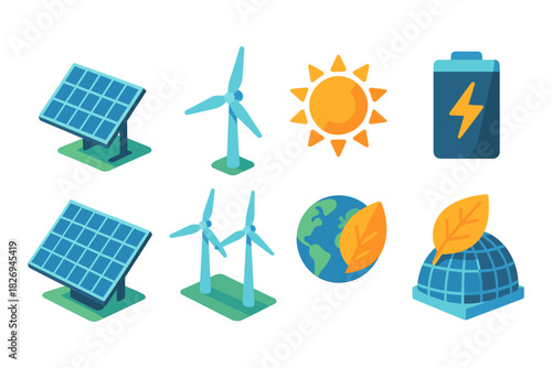 Renewable energy icons: solar, wind, and sustainable power elements