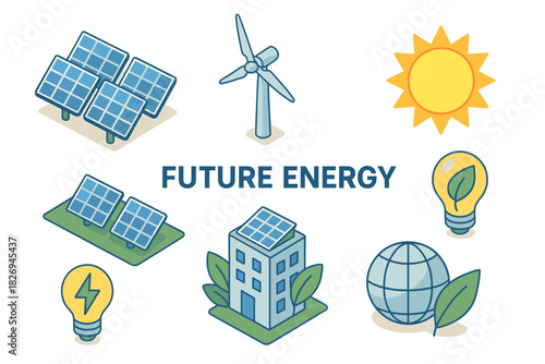 Renewable energy icons: eco-friendly solar, wind, and sustainable solutions