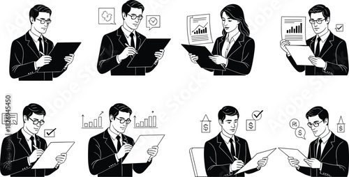 Business professionals reviewing documents, analyzing financial charts, office meeting, corporate teamwork, formal presentation, business reports, financial planning, document review process