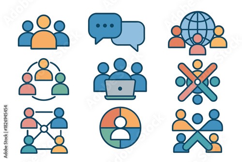 Team collaboration and communication icons for global networking and digital interaction