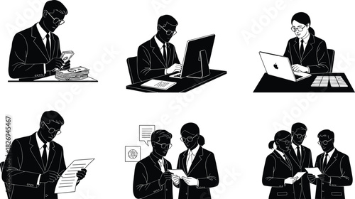 Business professionals working with money, documents, computers, teamwork, corporate finance, financial analysis, office collaboration, strategy planning, communication, management