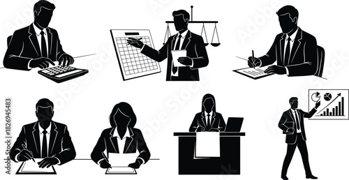 Business professionals working, presenting reports, analyzing data, signing documents, financial planning, teamwork collaboration, office meeting, management strategy, corporate success illustration.