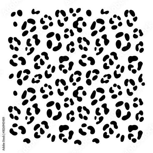 Black animal print pattern with irregular spots scattered on a white background creating a seamless design
