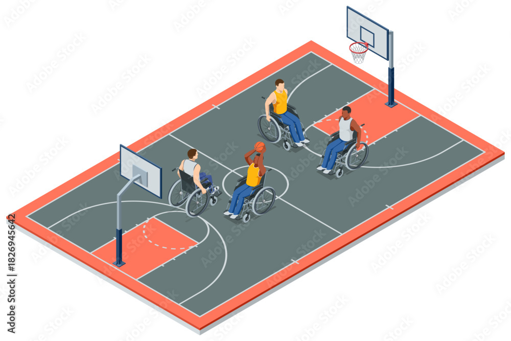 Fototapeta premium Isometric illustration of four wheelchair basketball players on an outdoor court, preparing for a play. Adaptive sports, teamwork, inclusion and athletic action shown from above.