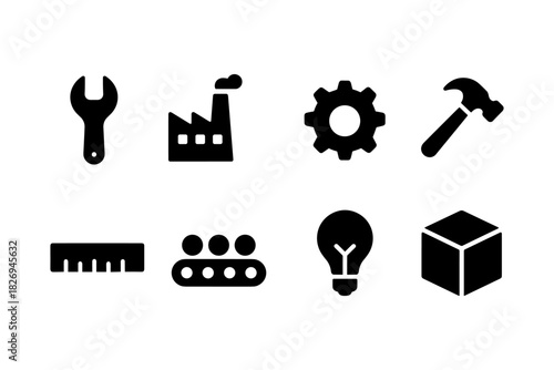 Industrial silhouette icons: tools, factory, gear, construction, light bulb, cube