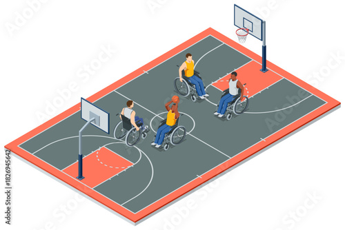 Isometric illustration of four wheelchair basketball players on an outdoor court, preparing for a play. Adaptive sports, teamwork, inclusion and athletic action shown from above.