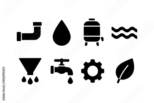 Water management icons set featuring silhouette designs for sustainable and industrial use