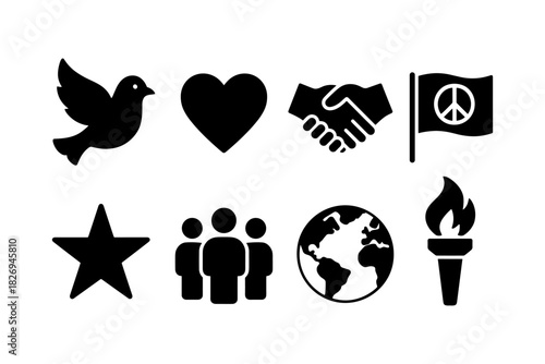Peace and unity symbols: dove, heart, handshake, flag, star, globe, torch