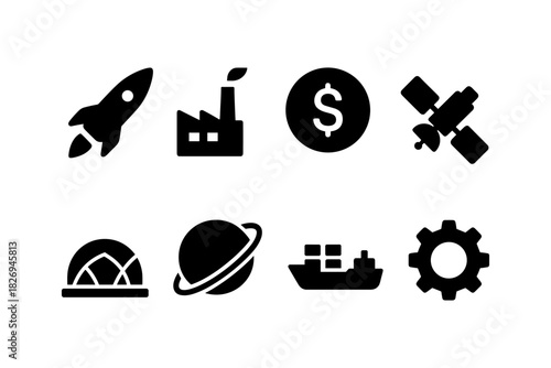 Collection of business, technology, and space icons in solid black style