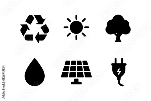 Eco-friendly symbols collection: recycle, solar, and renewable energy icons