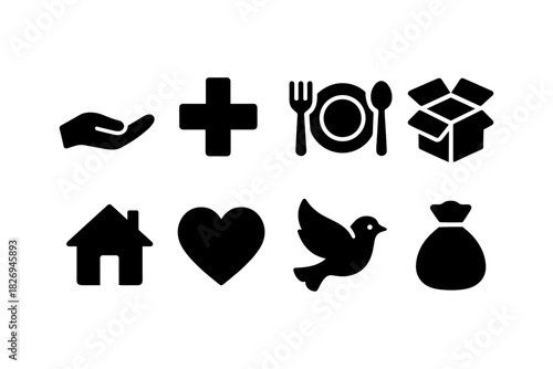 Essential icons: hand, health, dining, shipping, home, love, peace, charity