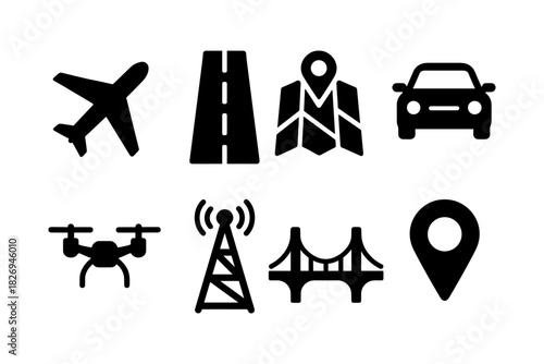 Transportation and navigation icons set in bold silhouette style