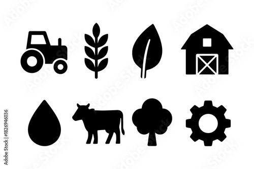 Farming icon set: agriculture silhouettes featuring tractor, barn, and nature elements