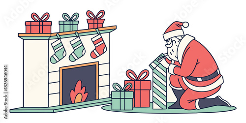 Santa Claus kneels by a fireplace filled with stockings and gifts, preparing to place presents near the hearth.