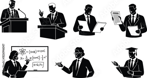 Businessman giving presentation, professional speaker, man with documents, lecture podium, teaching math formulas, graduation, corporate training, confident speaker, public speaking event