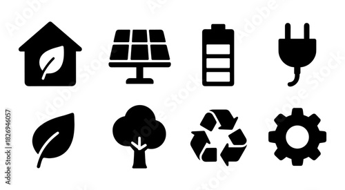 Sustainable energy icons: solar, battery, plug, and eco-friendly symbols
