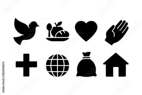 Essential symbols of peace, love, and giving in simple silhouette icon set