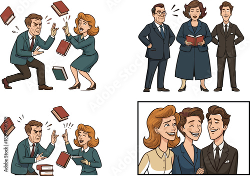 Businesspeople arguing and discussing with books, serious faces, teamwork conflict, group communication, professional office environment, cartoon style illustration.