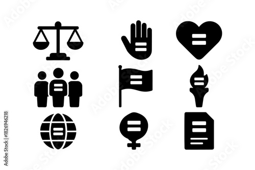 Equality symbols: scales, hand, heart, people, globe, flag, torch, female sign, document