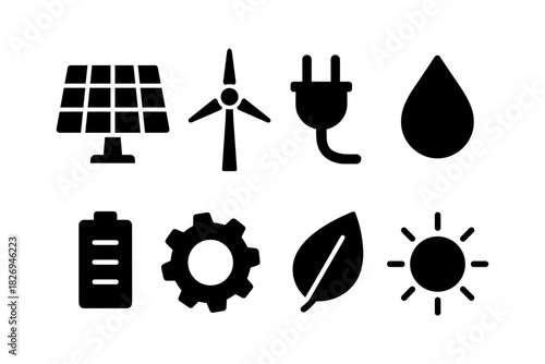 Black energy and sustainability icons: solar panel, wind turbine, leaf, battery, water, sun