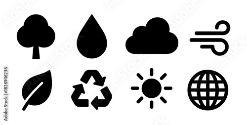 Eco-friendly icons set: nature, weather, and sustainability symbols in solid style