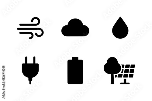 Eco energy icons: renewable power sources in simple silhouette design