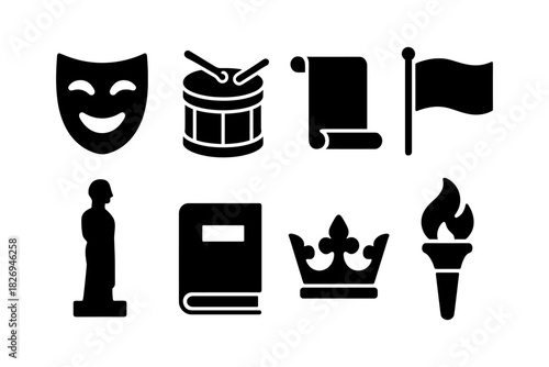 Silhouette icons of art and culture: mask, drum, scroll, flag, statue, book, crown, torch