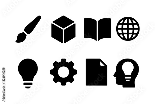 Silhouette icons set: creativity, education, innovation, and technology symbols