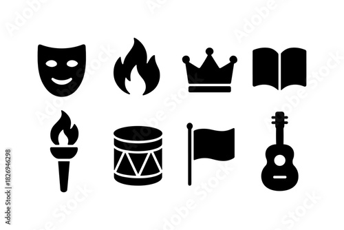 Cultural elements silhouette set: mask, fire, crown, book, torch, drum, flag, guitar