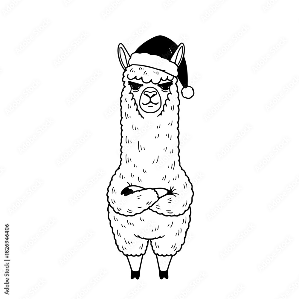 Naklejka premium A grumpy llama dons a festive holiday hat, standing with arms crossed, exuding an attitude that’s both quirky and charming. vector illustration