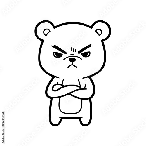 A fierce cartoon bear with an indignant expression, a bold, and minimalist design. The bear's cross arms conveys a sense of strong disapproval or discontent. vector illustration