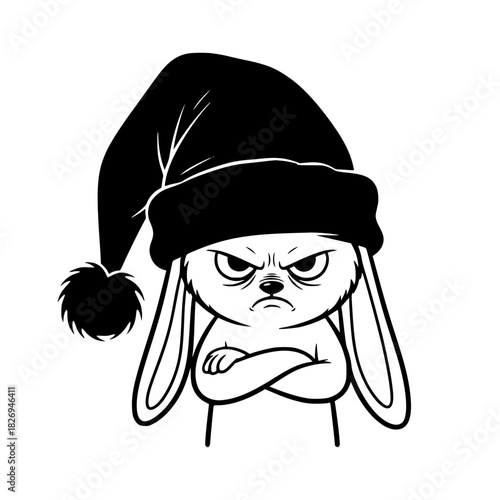 An angery bunny wearing a winter hat, conveying a sense of displeasure or annoyance, depicted in a monochrome illustration. vector illustration