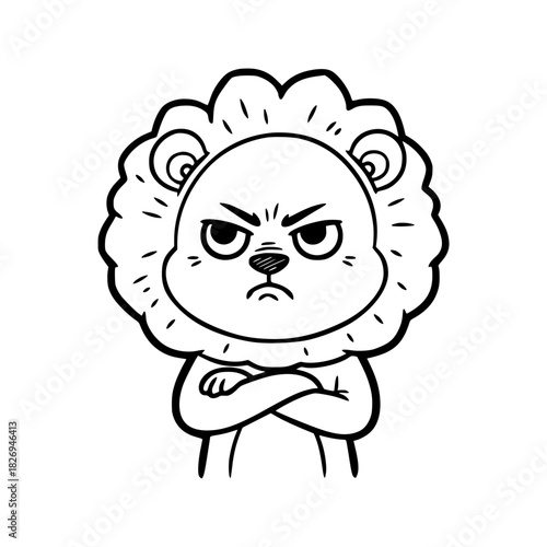 A cartoon lion with an expression of anger, arms crossed in a moment of frustration, captured with expressive linework and bold contrast. vector illustration