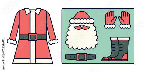 A flat illustration depicts the components of a Santa Claus costume, including a red coat with white trim, a beard with a hat and mustache, a belt, a pair of gloves, and boots, all presented against
