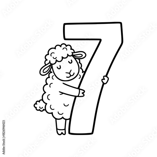 A charming sheep cuddles a large number seven, perfect for educational resources, conveying counting and early learning concepts, capturing both cuteness and educational elements. vector illustration