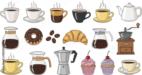 cad drawing flat vector illustration, coffee cups, moka pot, teapot, grinder, beans, donut croissant cupcake, cafe breakfast pastry collection