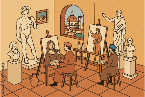 Renaissance art studio with classical sculptures and artists painting in flat style