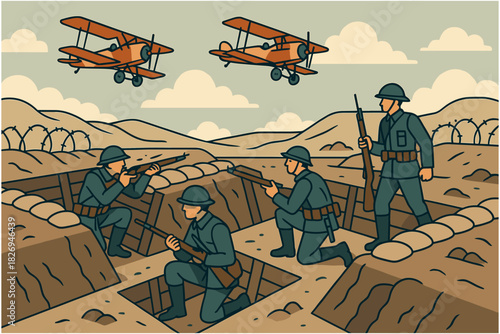 World war i soldiers in trench warfare scene with airplanes in vintage style