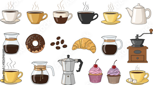 cad drawing flat vector illustration, coffee cups, teapot, moka pot, croissant donut cupcake, coffee beans grinder, cafe pastry collection