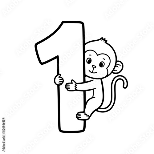 A playful monkey clings to the number one, a charming illustration for early education and playful learning. vector illustration