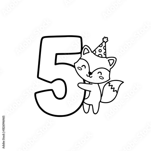 A whimsical illustration for a fifth birthday, featuring a cartoon fox joyfully embracing the number 5, all against a plain backdrop. vector illustration