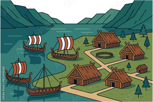 Nordic village and viking ships in a serene fjord landscape