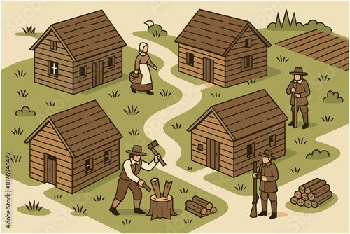 Retro village life with rustic log cabins and pioneers in an isometric pastoral setting