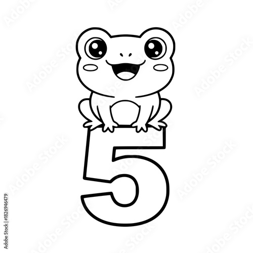 An adorable cartoon frog happily perched on a number 5, illustrated with playful lines, and captures the whimsical charm. vector illustration