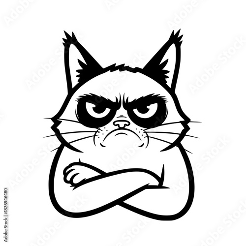 A grumpy feline stares intensely, its face etched with an unmistakable frown. Depicting a grumpy cat in a simple yet expressive illustration. vector illustration